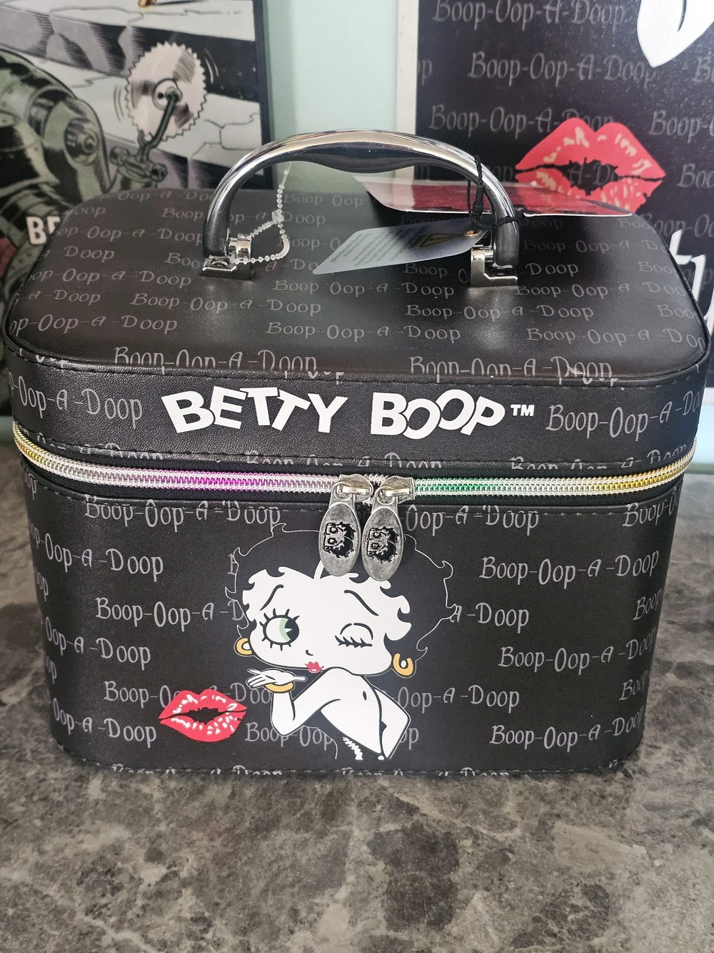 Betty Boop Black Cosmetic Train Case Set with Pink Accent Zippers